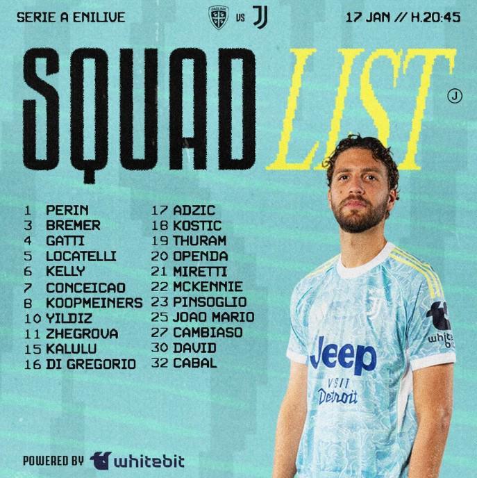 体育官网-尤文客战卡利亚里大名单：洛卡特利领衔，米利克继续伤缺